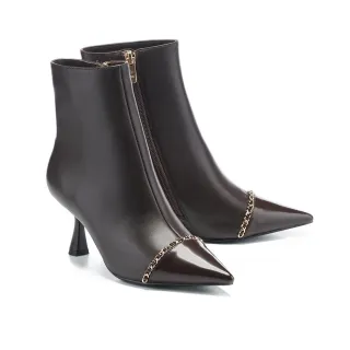 【AS 集團】摩登品味鏈條拼接羊皮尖頭高跟短靴(咖)