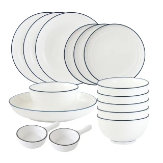 【Just Home】簡約純白藍邊陶瓷碗盤餐具15件組-可微波(碗+盤+點心盤+味碟)