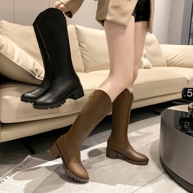 【baibeauty 白鳥麗子】MIT顯瘦素面皮革V型後拉鏈高跟長靴(馬靴)
