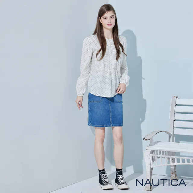 【NAUTICA】女裝 柔美休閒點點圖騰長袖襯(白色)