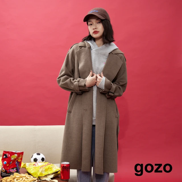 【gozo】雙排釦西裝領綁帶長版大衣外套(兩色)