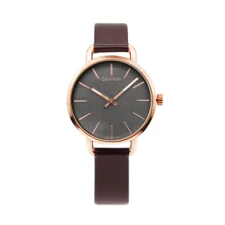 【Calvin Klein 凱文克萊】EVEN系列 木質灰面 玫瑰金殼 深咖啡色錶帶 CK錶-36mm 贈旅行收納錶盒(K7B236G3)