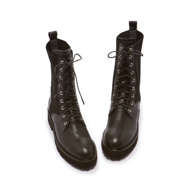 【FAIR LADY】小時光 綁帶造型織布鬆糕底中筒軍靴(黑 、7A2549)