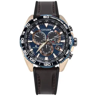 【CITIZEN 星辰】光動能 萬年曆 電波錶 日期 橡膠小牛皮手錶 藍x玫瑰金框x深褐 45mm(CB5039-11L)
