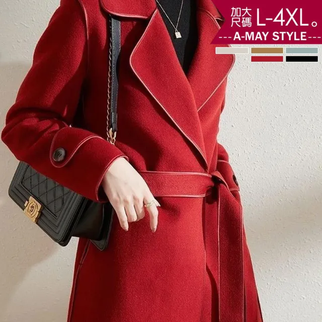 【Amay Style 艾美時尚】現貨 中大碼女裝 外套 時裝感暖暖羊絨繫帶中長版大衣。L-4XL(5色)