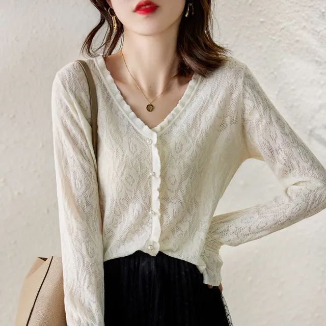 【MsMore】輕奢蕾絲緹花V領羊毛感長袖修身時尚短版上衣#113660現貨+預購(2色)