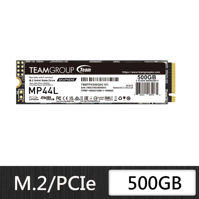 【Team 十銓】MP44L 500GB M.2 PCIe SSD 固態硬碟(讀5000MB ; 寫2500MB)