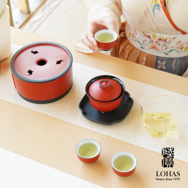 【LohasPottery 陸寶】福照萬家蓋碗茶組 富貴紅(東方大氣之美 年節送禮首選 禮盒組 茶具/禮品/禮物)