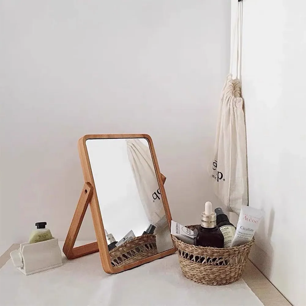 【Warm House Decor 暖和家居】木質桌面化妝鏡可掛可站立鏡子(化妝鏡 桌鏡 木質鏡)