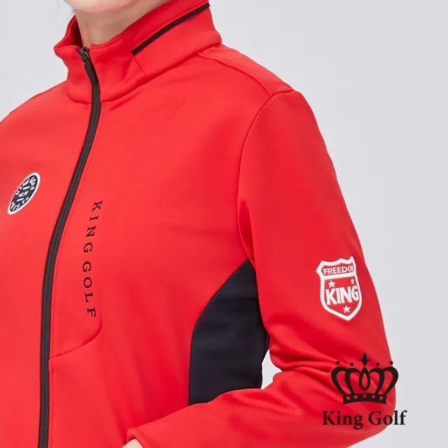 【KING GOLF】速達-女款盾牌刺繡LOGO燙印立領拉鍊厚刷毛夾克外套(橘紅)