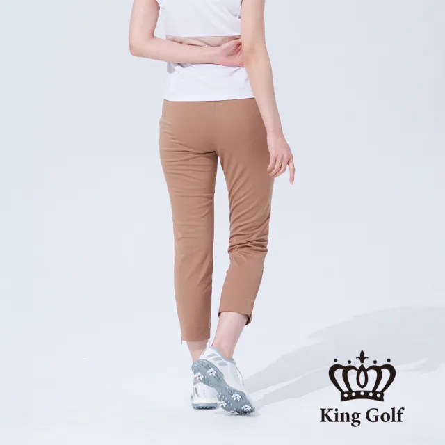 【KING GOLF】速達-女款拉鍊剪接彈性中厚款素面休閒長褲(卡其)