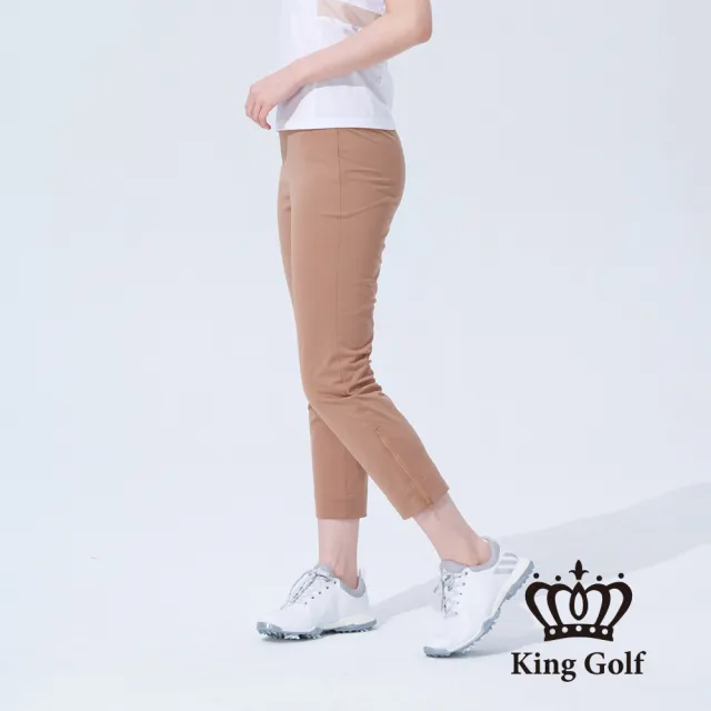 【KING GOLF】速達-女款拉鍊剪接彈性中厚款素面休閒長褲(卡其)