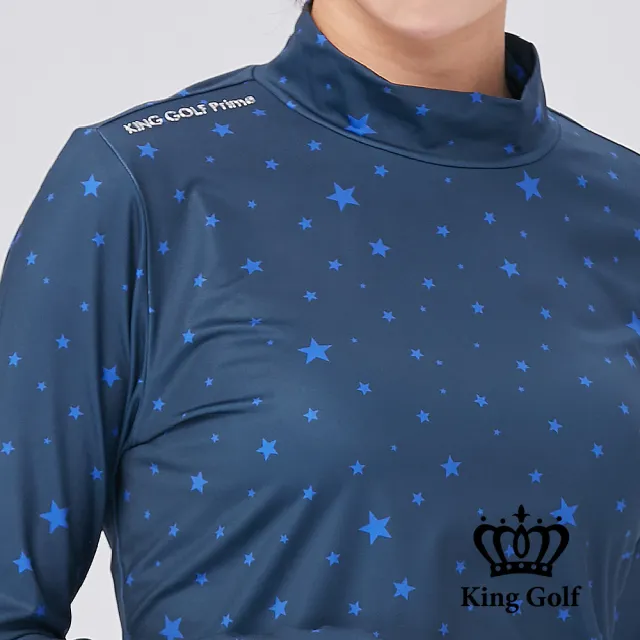 【KING GOLF】速達-女款滿版星星印圖LOGO燙標輕刷毛小立領長袖內搭衣(丈青)