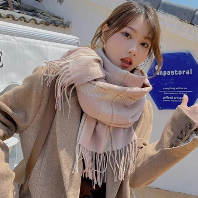 【Emi 艾迷】經典格紋優雅千鳥紋 保暖仿羊絨圍巾