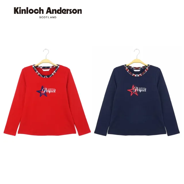 【Kinloch Anderson】拼接格紋圓領前印花長袖上衣T恤(KA0863018紅/藏青)