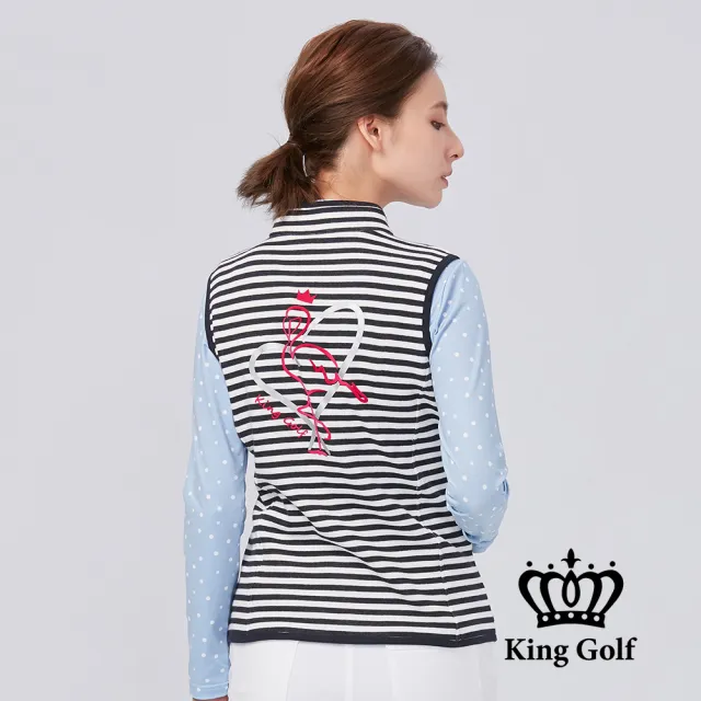 【KING GOLF】速達-女款星星刺繡火鶴愛心印圖條紋中厚背心外套(丈青)