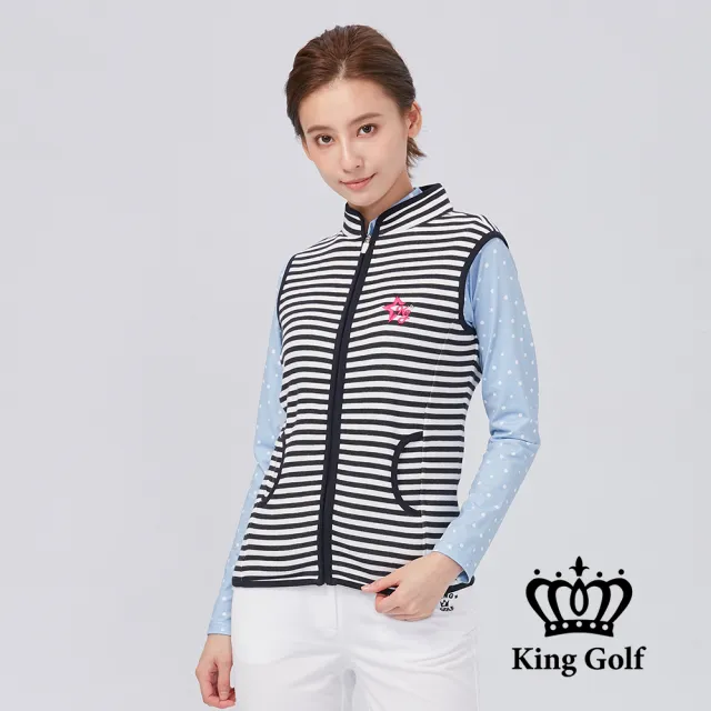 【KING GOLF】速達-女款星星刺繡火鶴愛心印圖條紋中厚背心外套(丈青)