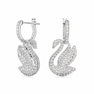 【SWAROVSKI 官方直營】Swan 水滴形耳環 天鵝 白色 鍍白金色