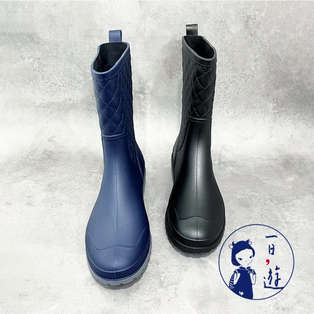 【NicoFun 愛定做】一日遊 優雅菱格紋雨鞋 靴型雨鞋 防水短靴 橡膠雨鞋 雨具(旅行 輕便 37~41碼 大尺碼鞋)