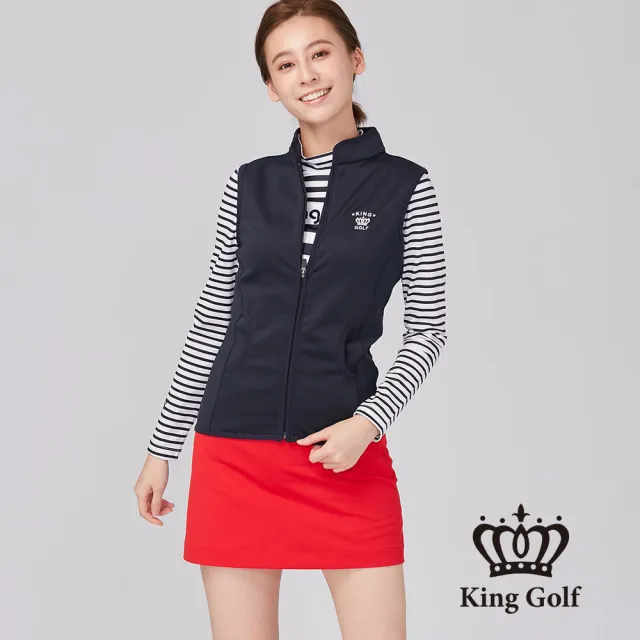 【KING GOLF】速達-女款LOGO刺繡愛心字母印圖中厚款刷毛背心外套(丈青)