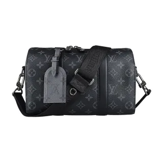 【Louis Vuitton 路易威登】LV CITY KEEPALL Monogram Eclipse帆布拼牛皮拉鍊斜背波士頓包(炭黑灰)