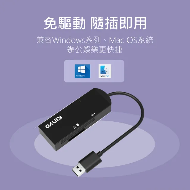 【KINYO】USB2.0 SD/TF記憶卡迷你加長雙槽讀卡機(相機/行車紀錄器/手機 KCR-219)