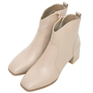 【Ann’S】質感密技-V口顯瘦羊皮真皮粗跟方頭短靴5cm(杏)