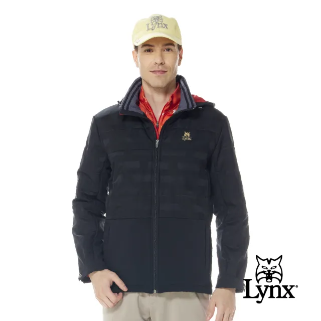 【Lynx Golf】男款防風防潑水鋪棉保暖緹織配布剪裁後背印花設計長袖可拆式連帽外套(二色)