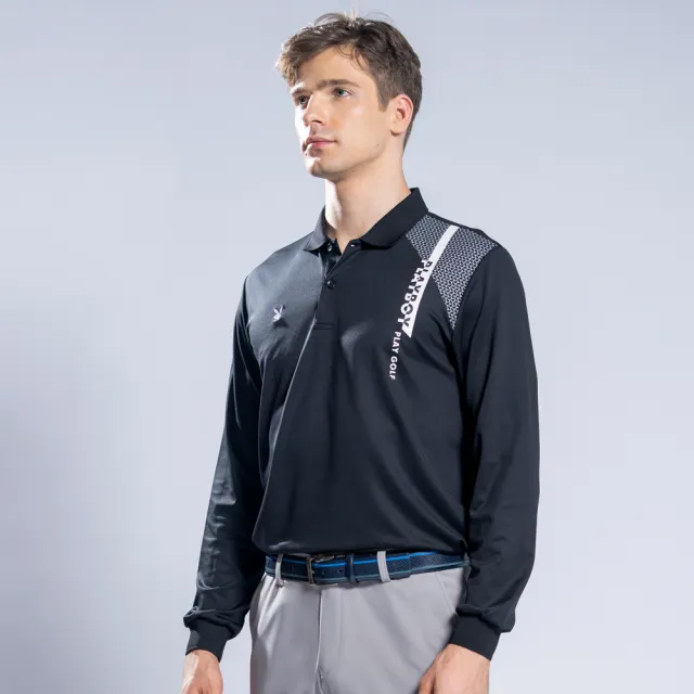 【PLAYBOY GOLF】男款左肩LOGO休閒薄長袖POLO衫-黑(吸濕排汗/抗UV/高爾夫球衫/AA22213-88)