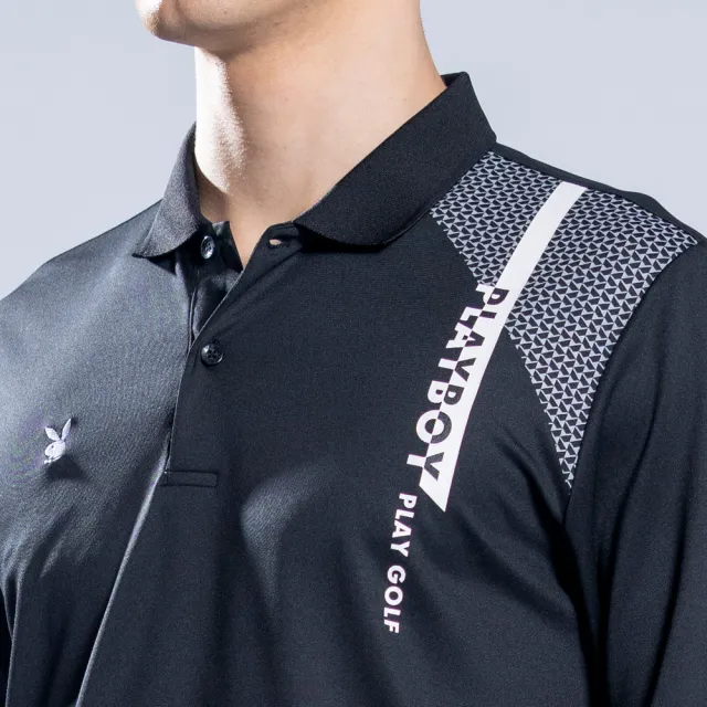 【PLAYBOY GOLF】男款左肩LOGO休閒薄長袖POLO衫-黑(吸濕排汗/抗UV/高爾夫球衫/AA22213-88)