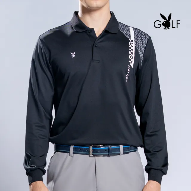 【PLAYBOY GOLF】男款左肩LOGO休閒薄長袖POLO衫-黑(吸濕排汗/抗UV/高爾夫球衫/AA22213-88)