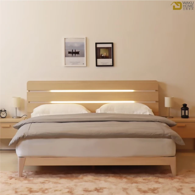 【WAKUHOME 瓦酷家具】Aurora北歐橡木LED小夜燈6尺雙人床組-附插座不含床墊B001-696