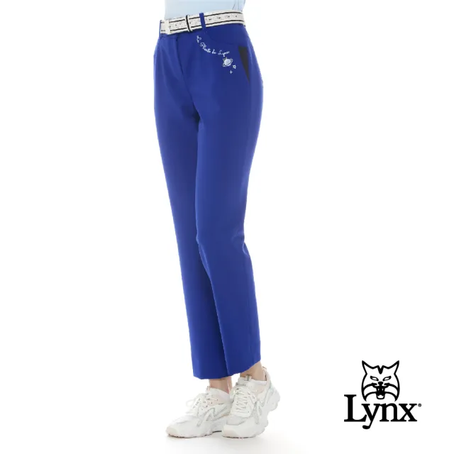 【Lynx Golf】女款日本進口布料彈性舒適LOGO鬆緊帶設計口袋配布剪接造型窄管長褲(二色)