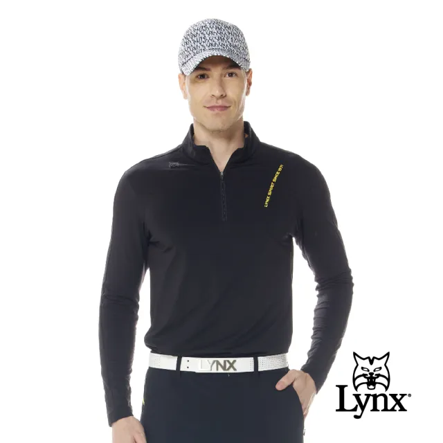 【Lynx Golf】首爾高桿風格！男款合身版吸排抗UV左胸LOGO印花剪裁造型長袖立領POLO衫(二色)