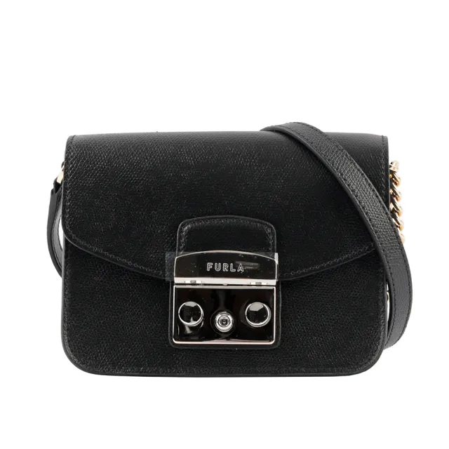 【FURLA 芙拉】Metropolis 壓紋牛皮金鍊翻蓋迷你斜背包(黑色)