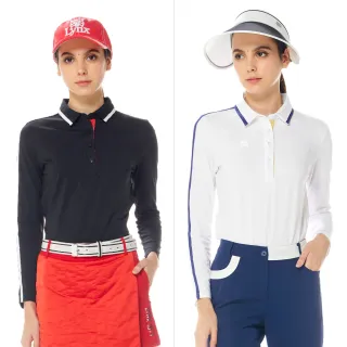 【Lynx Golf】首爾高桿風格！女款吸排抗UV內刷毛保暖配色邊條不對稱下擺設計長袖POLO衫/高爾夫球衫(二色)
