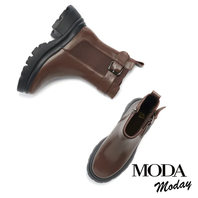 【MODA Moday】率性復古方釦帶牛皮切爾西厚底短靴(咖)