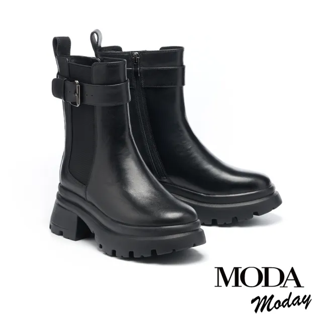 【MODA Moday】率性復古方釦帶牛皮切爾西厚底短靴(黑)