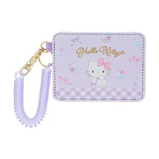 【小禮堂】Hello Kitty 皮質票卡夾附彈簧繩 - 紫格子款(平輸品)