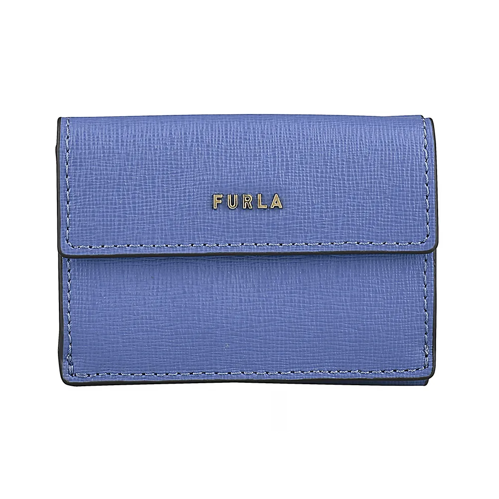 【FURLA 芙拉】FURLA Babylon金字LOGO防刮牛皮3卡壓扣式三折短夾(海藍x天空藍)