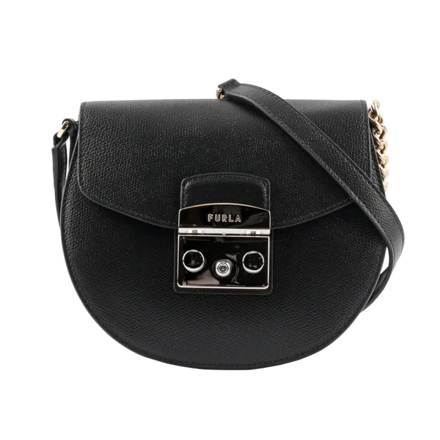 【FURLA 芙拉】Metropolis 壓紋牛皮金鍊半月型迷你斜背包(黑色)