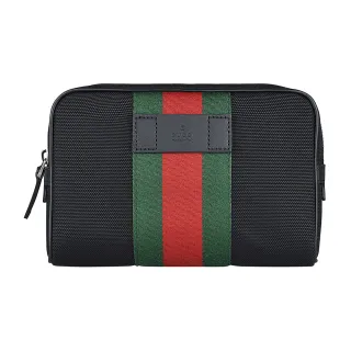 【GUCCI 古馳】GUCCI TECHNO皮標壓印LOGO綠紅綠織帶帆布拉鍊胸腰包(黑)