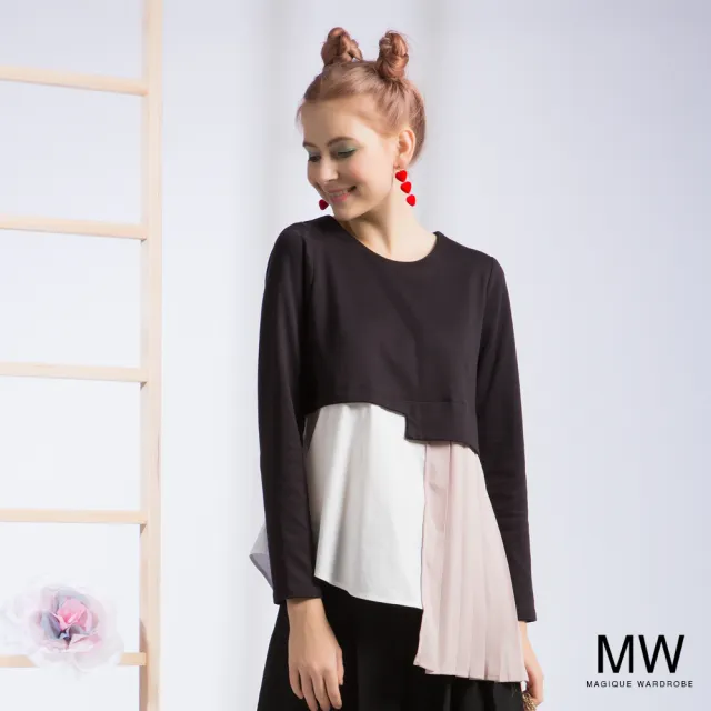 【MAGIQUE WARDROBE】撞色異材拚接長袖上衣(2色)