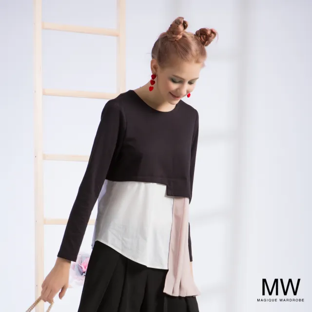 【MAGIQUE WARDROBE】撞色異材拚接長袖上衣(2色)