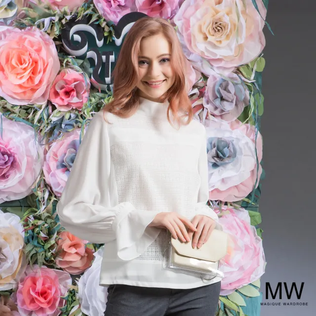 【MAGIQUE WARDROBE】雪紡拚接蕾絲拋袖荷葉上衣(白色)
