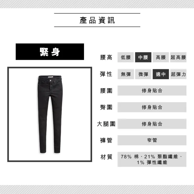 【LEVIS 官方旗艦】女款 311中腰縮腹緊身牛仔褲/黑皮牌/黑色基本款/彈性布料 熱賣單品 19626-0226