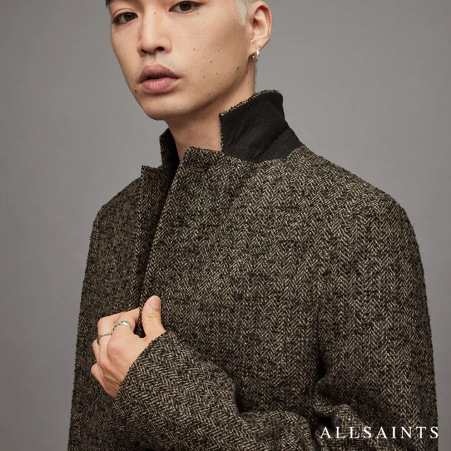 【ALLSAINTS】MILLIGAN 低調人字紋標準領中長版羊毛大衣(修身版型)