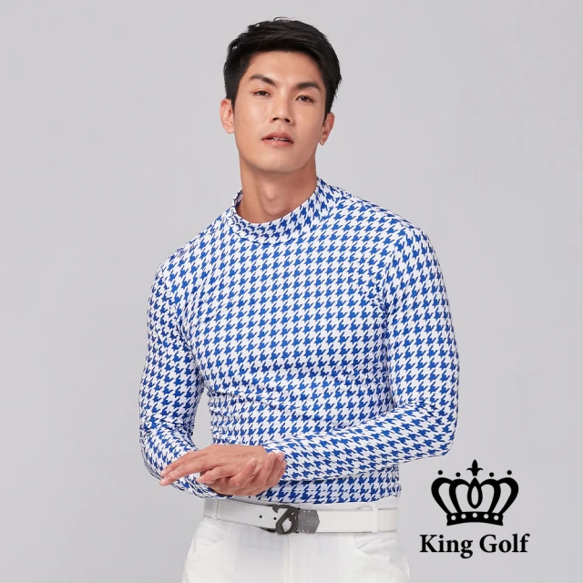 【KING GOLF】速達-肩上膠印中厚款格紋長袖內搭高領衫(藍色)