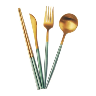 【邸家 DEJA】歐風四件套餐具組-翠綠金(餐刀、餐叉、餐勺、筷子)