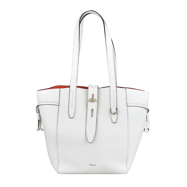 【FURLA 芙拉】NET轉釦金屬LOGO牛皮肩背包(中/粉白)